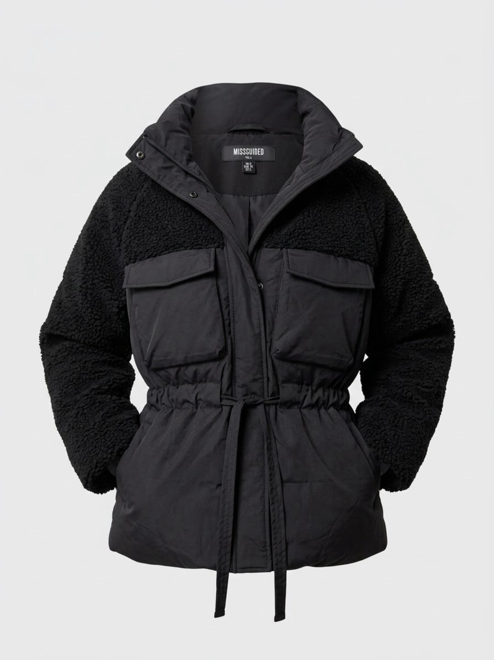 MISSGUIDED Black Mixed Media Borg Fleece Puffer Jacket Coat US 2
